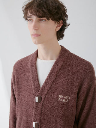 Model wearing Gelato Pique Baby Moco Chocolate Button-Up Cardigan for men, showcasing soft plush fabric and stylish design.