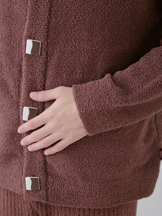 Close-up of a Men's Baby Moco Chocolate Button-Up Cardigan with plush fabric and stylish buttons, showcasing luxury and comfort.