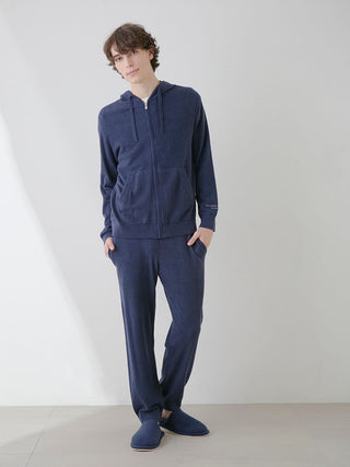 Man wearing Temperature-Control Smoothie Zip-Up Hoodie in navy, showcasing lightweight comfort and style for casual wear.