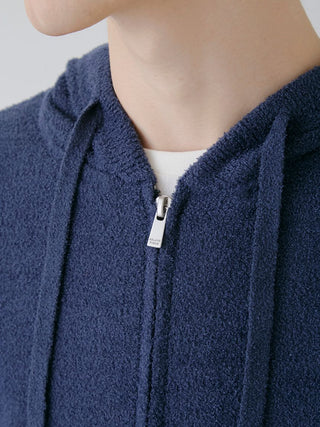 Close-up of navy Temperature-Control Smoothie Zip-Up Hoodie with zipper detail, showcasing soft, temperature-regulating fabric.