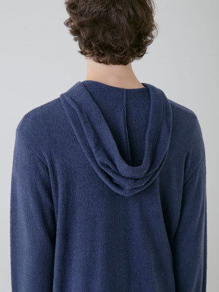 Back view of navy blue Temperature-Control Smoothie Zip-Up Hoodie showcasing soft, breathable fabric by Gelato Pique USA.