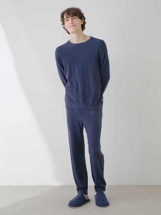 Model wearing Men's Thermal Smoothie Pullover Sweater, navy loungewear set, showcasing sleek, cozy, modern design from Gelato Pique USA.