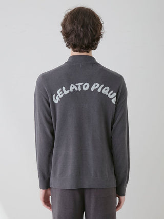 Back view of a grey Gelato Pique sweater worn by a male model, featuring bold brand lettering, showcasing premium loungewear style.