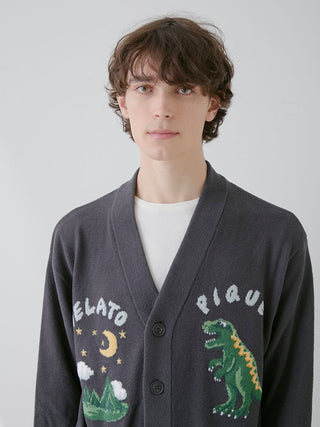 Man wearing Gelato Pique USA premium loungewear men's dinosaur jacquard button-up cardigan with playful design.