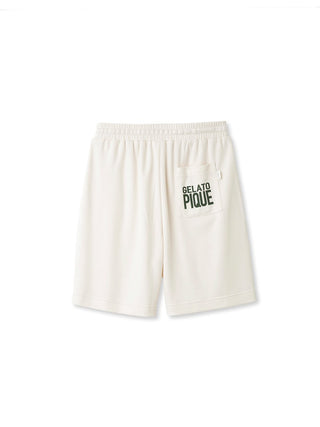 Back view of unisex big logo lounge shorts by Gelato Pique USA, featuring a logo waist strap and back pocket for ultimate comfort.