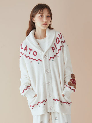 Unisex Nordic Shawl Collar Cardigan with zigzag trims and teddy bear detail, crafted from Gelato Pique's plush fabric.