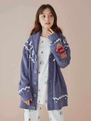 Unisex Nordic Shawl Collar Cardigan featuring zigzag patterns and teddy bear detailing in plush fabric.