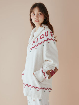 Unisex Nordic Shawl Collar Cardigan with zigzag trim and teddy bears, crafted from soft plush fabric for festive warmth.