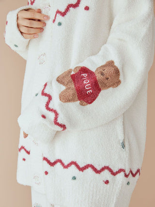 Unisex Nordic Shawl Collar Cardigan with teddy bear design and zigzag trims on plush fabric for cozy warmth.