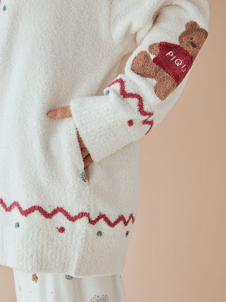 Unisex Nordic Shawl Collar Cardigan with teddy bear detail and zigzag trim by Gelato Pique, showcasing festive plush fabric.