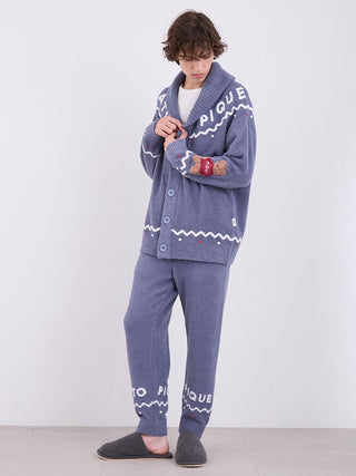 Unisex Nordic Shawl Collar Cardigan with zigzag trims and teddy bear detail, crafted from Gelato Pique's plush fabric, showcasing cozy elegance.