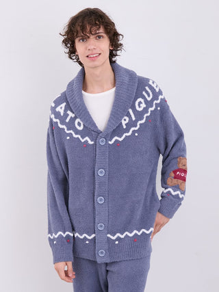 Unisex Nordic Shawl Collar Cardigan in blue with zigzag trims and teddy bear detail, made from Gelato Pique's plush fabric.