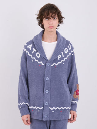 Unisex Nordic Shawl Collar Cardigan with zigzag trims, bear detail, and Gelato Pique logo, worn by model in casual style.