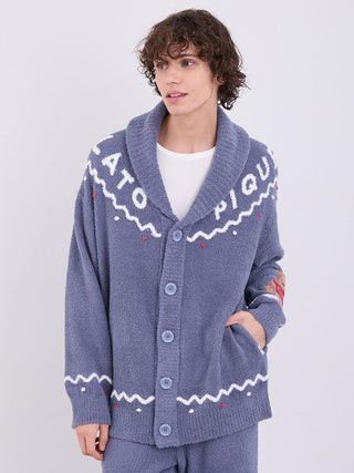 Unisex Nordic Shawl Collar Cardigan with Gelato Pique plush fabric in blue, featuring a zigzag trim and festive design.