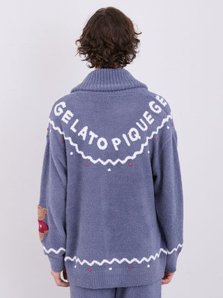 Back view of unisex Nordic shawl collar cardigan with Gelato Pique branding and zigzag trim, showcasing festive detailing.