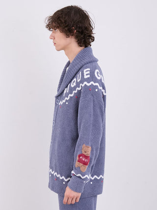 Unisex Nordic shawl collar cardigan with teddy bear detail, featuring cozy plush fabric and stylish zigzag Nordic pattern.