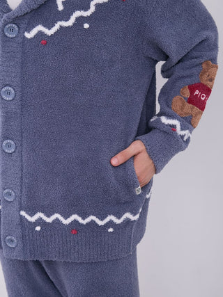 Gray unisex Nordic shawl collar cardigan with zigzag trim and teddy bear detail, showcasing cozy plush fabric and festive design.