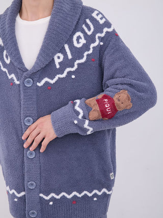 Unisex Nordic Shawl Collar Cardigan featuring plush fabric, zigzag trims, and a cute teddy bear design on the sleeve, by Gelato Pique.