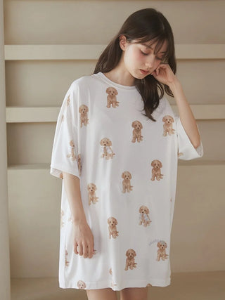 Woman wearing Gelato Pique USA Premium Loungewear T-shirt with toy poodle motif, featuring loose fit, ideal for sleepwear.