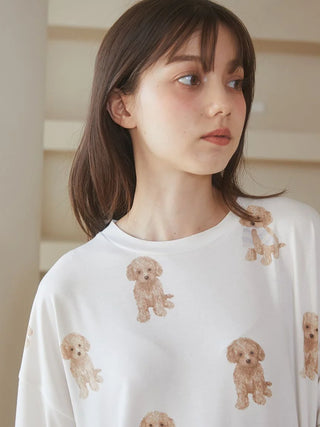 Woman wearing Gelato Pique USA Toy Poodle Motif Oversize Lounge T-shirt, featuring premium loungewear design with cute poodle pattern.