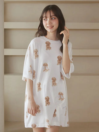 Woman wearing a premium loungewear Toy Poodle motif oversize T-shirt by Gelato Pique USA featuring toy poodles with gelato pique socks.