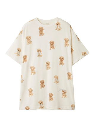 Premium loungewear Oversize T-shirt with toy poodle motif from Gelato Pique USA, featuring fluffy poodles and striped socks pup design.
