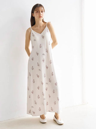 Model wearing Gelato Pique USA CAT Motif Camisole Lounge Maxi Dress, premium loungewear with ribbon detail and cup-in design.