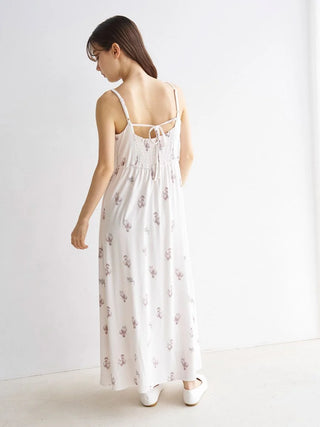 Rear view of woman wearing Gelato Pique USA CAT Motif Camisole Maxi Dress, premium loungewear. Features a ribbon-tied back, elegant and light.