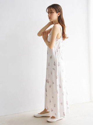 Woman wearing CAT motif camisole lounge maxi dress by Gelato Pique USA, highlighting premium loungewear and sleepwear elegance.