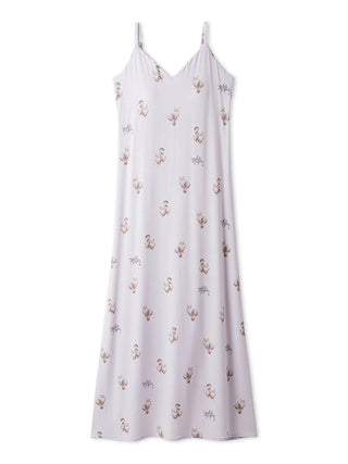 Elegant CAT motif camisole lounge maxi dress by Gelato Pique USA, featuring a ribbon tie back and premium loungewear design.