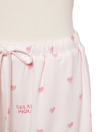 Close-up of Gelato Pique's Three Motif Lounge Shorts featuring pink heart motifs, a soft drawstring waist, and comfortable fabric.