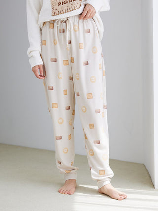 Biscuit Pattern Waffle Pajama Pants in cream, featuring playful motifs, perfect for cozy lounging.