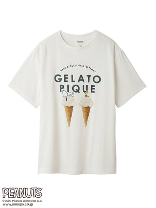 Get ready to look stylish and cool with Gelato Pique's Loungewear T-shirt featuring Snoopy and Woodstock taking a nap on top of a realistic gelato design. White-front. 