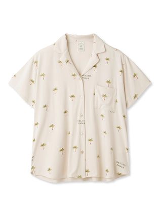 Fruit motif loungewear sleep shirt with palm tree prints on cream fabric, short sleeves, and button-up design for summer comfort.