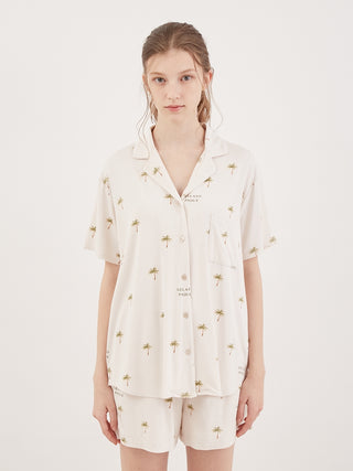 Model wearing Fruit Motif Loungewear Sleep Shirt in soft rayon with matching shorts, perfect for summertime chic and cool comfort.