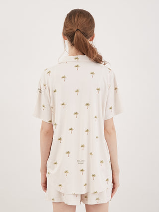 Back view of Fruit Motif Loungewear Sleep Shirt in soft rayon with palm print, perfect for cool comfort on summer nights.