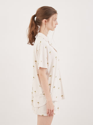 Side view of a woman wearing a Fruit Motif Loungewear Sleep Shirt in soft rayon fabric, perfect for cool summer nights.