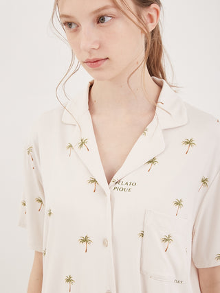 Fruit motif loungewear sleep shirt in soft rayon with palm print, perfect for cool comfort on summer nights.