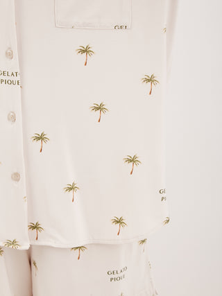 Fruit motif loungewear sleep shirt with palm tree prints made of luxurious rayon material for cool comfort in summer.