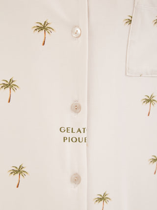 Close-up of Fruit Motif Loungewear Sleep Shirt with palm tree pattern and buttons, showcasing soft rayon fabric for summer comfort.