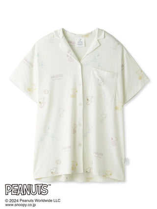 Peanuts printed pajama shirt featuring Snoopy and friends on a subtle white background with playful grey sketches.