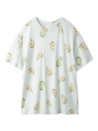 Fruit Pattern Drop Shoulder Lounge T-Shirt with pear motifs, perfect for casual outings or home relaxation. Fresh and fabulous design.