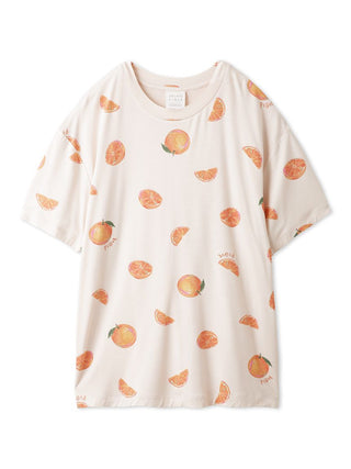 Fruit pattern drop shoulder lounge t-shirt with orange motifs, Gelato Pique USA, perfect for casual outings or relaxing at home.