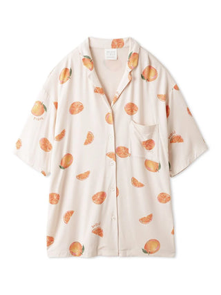 Fruit Pattern Pajama Sleep Shirt with Orange Motif, Short Sleeves, Single Pocket