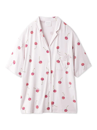 Cherry pattern pajama sleep shirt with short sleeves and button front, featuring a playful design on a white background.