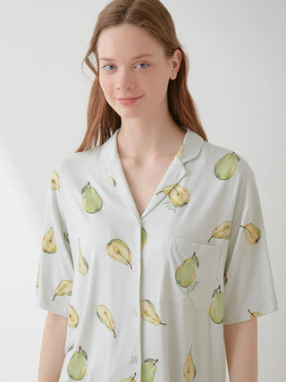 Model wearing a Fruit Pattern Pajama Sleep Shirt with watercolor pear motifs, designed by GELATO PIQUE USA.
