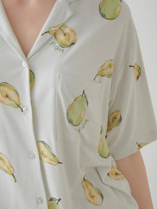 Fruit Pattern Pajama Sleep Shirt with pear motif in watercolor style by GELATO PIQUE USA, featuring a soothing light green design.
