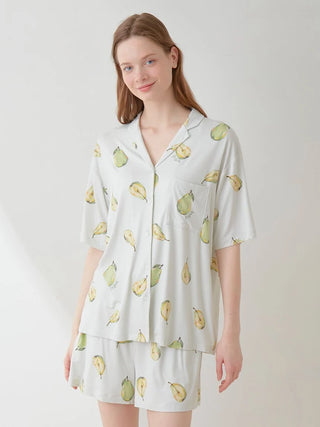 Woman wearing Fruit Pattern Pajama Sleep Shirt with watercolor pear design.