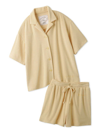 Summer Soft Terry Cloth Button-Down Loungewear Set in beige, featuring a luxurious short-sleeved shirt and matching shorts.