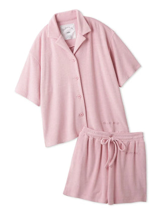 Pink Terry Cloth Button-Down Loungewear Set with Shirt and Shorts for Luxurious Comfort and Style